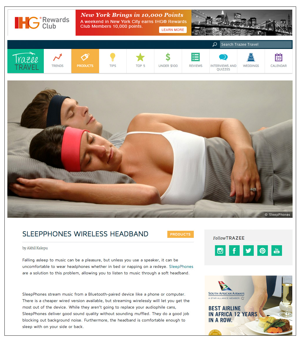 SleepPhones® Wireless Headphones Featured on Trazee Travel Products for Entertainment